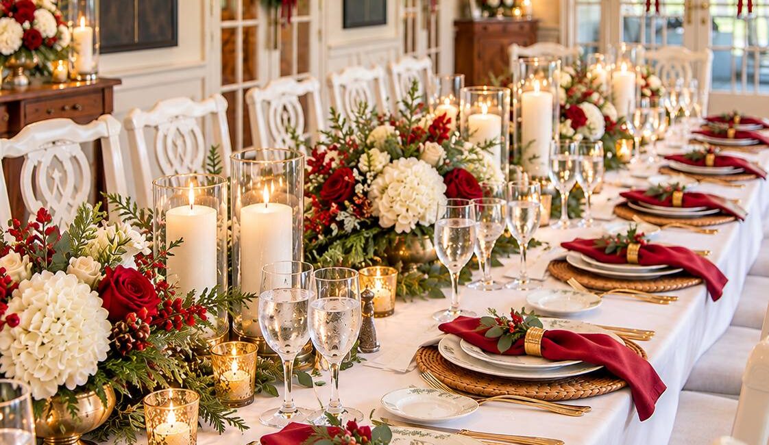 Elegant holiday banquet table with red roses, white hydrangeas, candles and wreaths at Shuttle Meadow Country Club