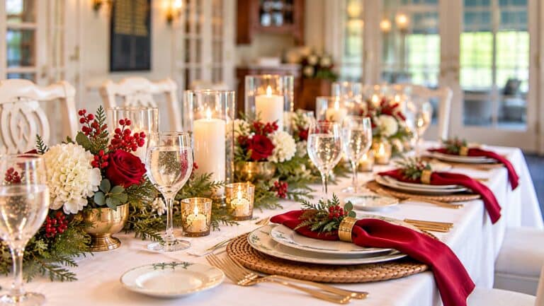 Holiday luncheon table setting with red napkins, rose and evergreen centerpieces and candlelight at Shuttle Meadow